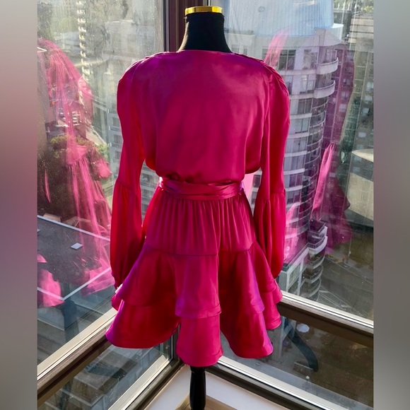 🆕 BRONX & BANCO 🧿 NWOT Bedouin V-Neck Ruffle Mini Dress, Pink Silk - Size L - Picture 10 of 15
